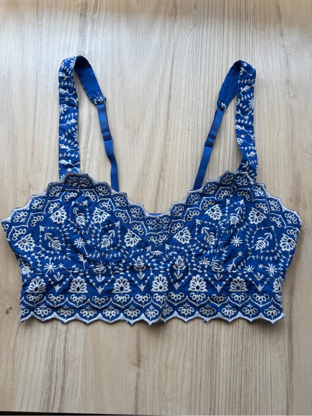 Free People Blue and White Embroidered Crop Bralette